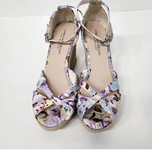 CHRISTIAN SIRIANO BEAUTIFUL FLORAL PURPLE WEDGE SANDALS ANKLE STRAPS SIZE 7.5 - Picture 4 of 10